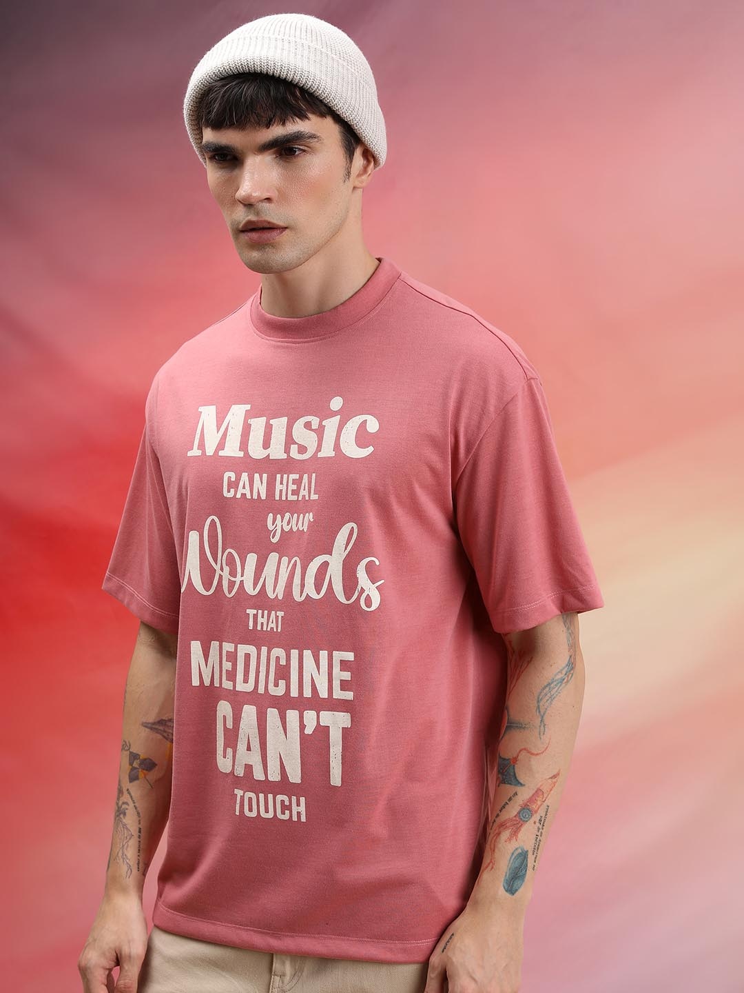 

HIGHLANDER Unisex Typography Printed Oversized T-Shirt, Peach