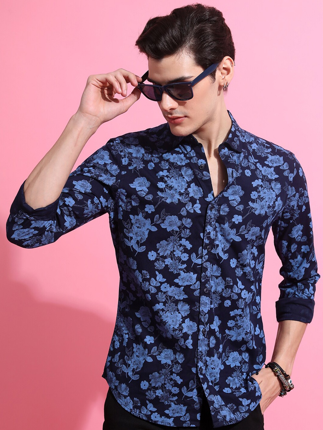 

HIGHLANDER Navy Blue Floral Printed Spread Collar Cotton Casual Shirt