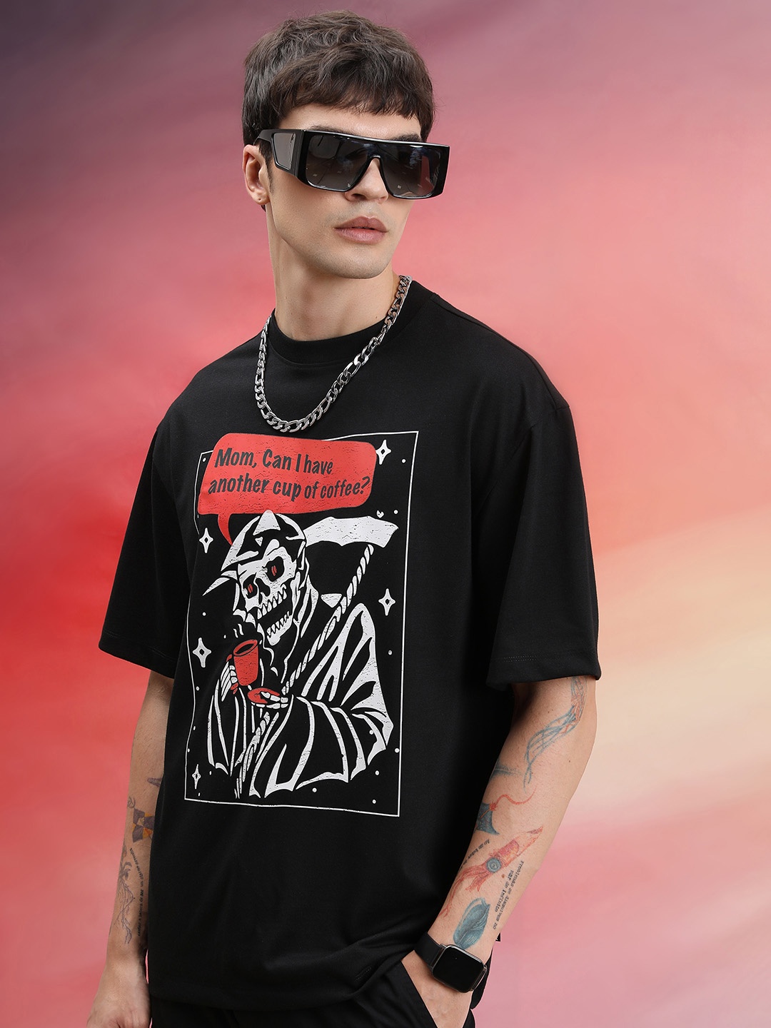 HIGHLANDER Unisex Graphic Printed Oversized T-shirt, Black