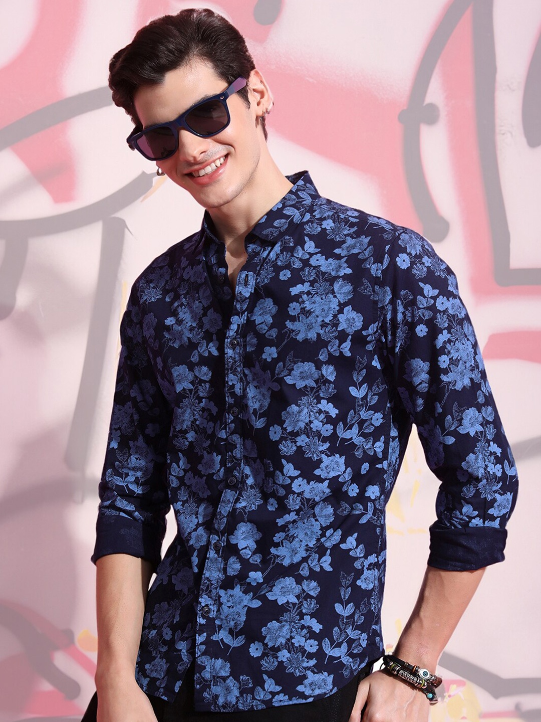 

HIGHLANDER Navy Blue Floral Printed Spread Collar Cotton Casual Shirt