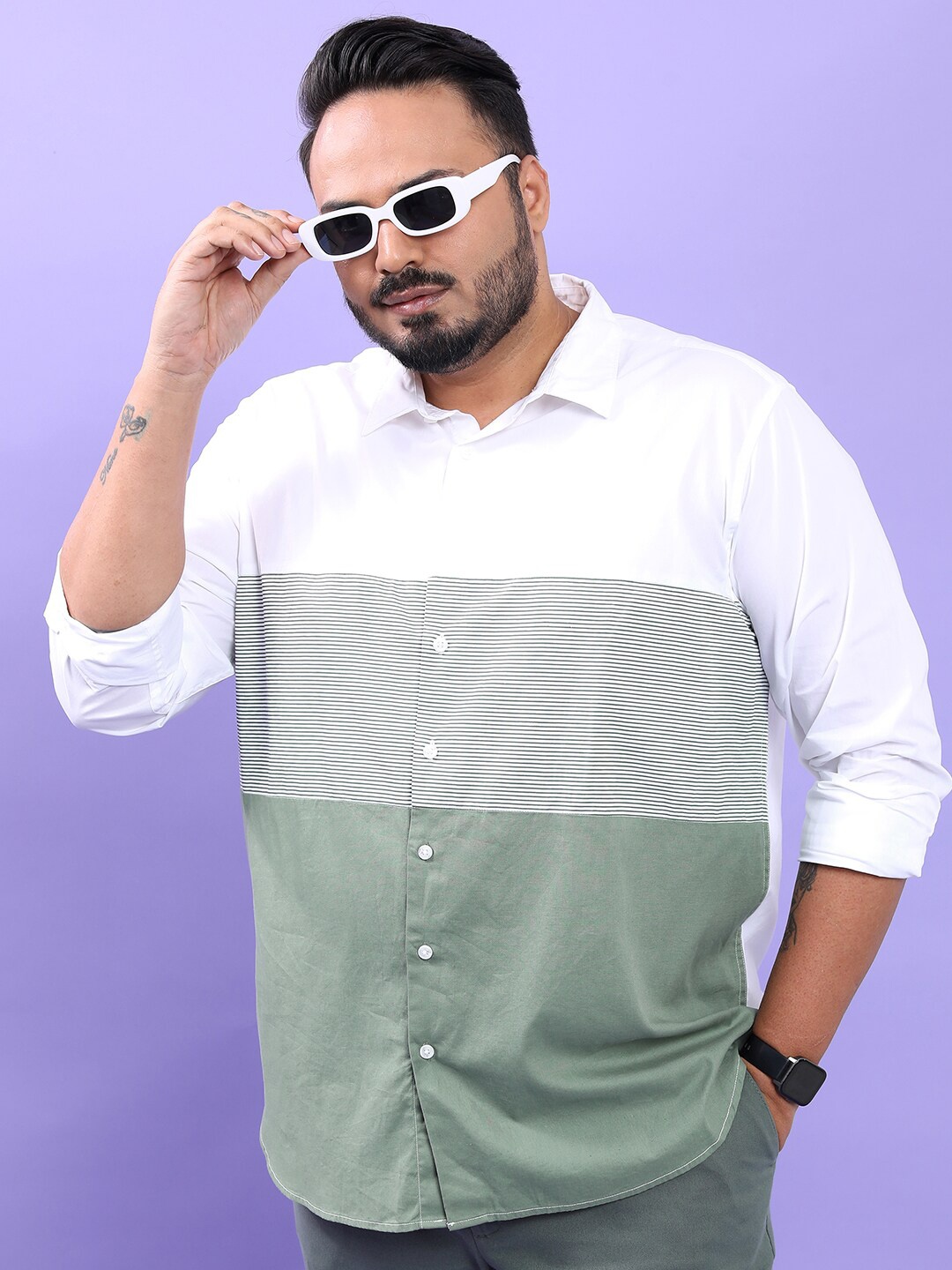 

HIGHLANDER Plus Size White Horizontal Striped Regular Fit Spread Collar Cotton Shirt
