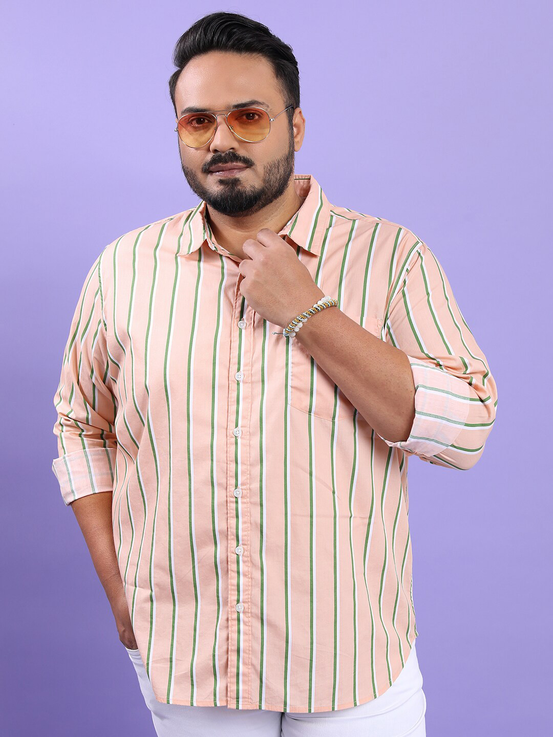 

HIGHLANDER Plus Size Peach Vertical Striped Regular Fit Spread Collar Cotton Shirt