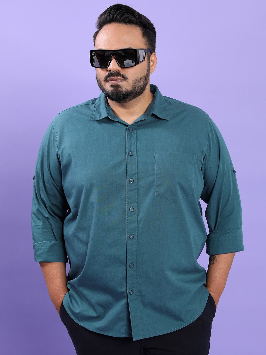 

HIGHLANDER Plus Size Teal Regular Fit Spread Collar Cotton Casual Shirt