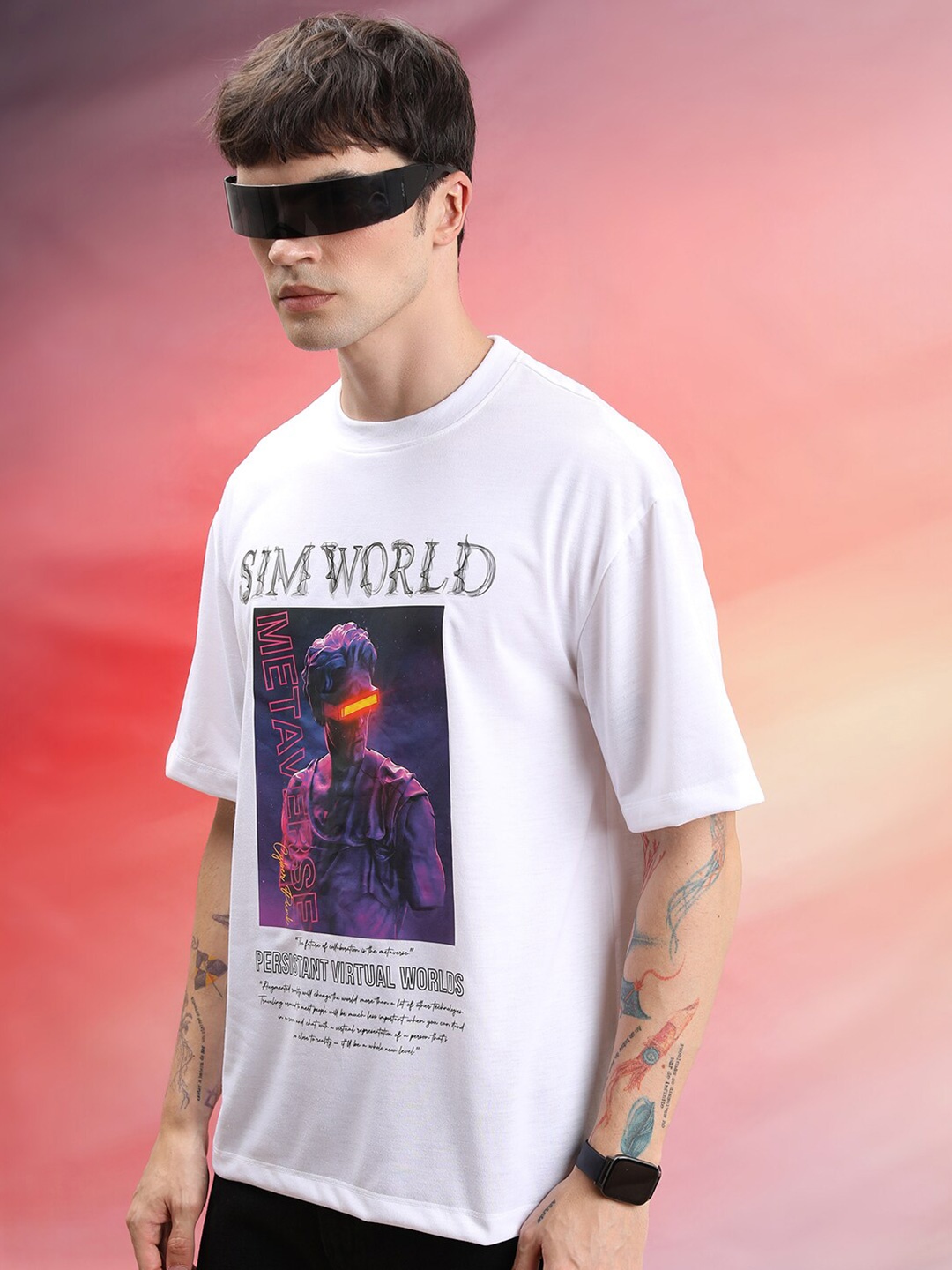 

HIGHLANDER Unisex Oversized Graphic Printed Drop Shoulder Sleeves Casual T-shirt, White