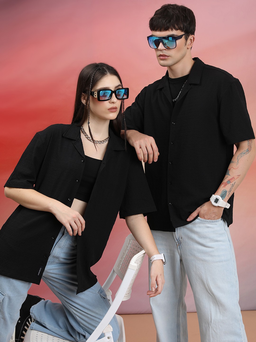 

HIGHLANDER Unisex Club Collar Oversized Textured Shirt, Black