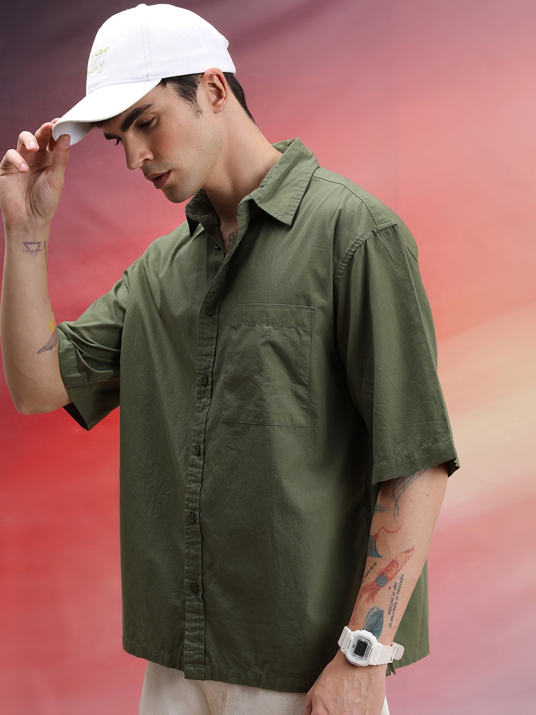 

HIGHLANDER Spread Collar Oversized Opaque Cotton Casual Shirt, Olive