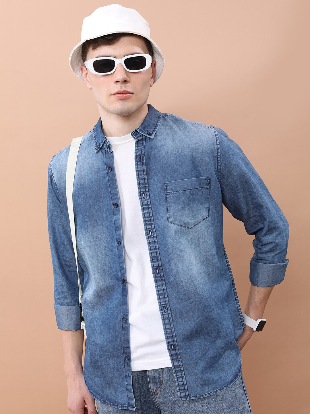 

HIGHLANDER Blue Faded Slim Fit Button-Down Collar Denim Casual Shirt