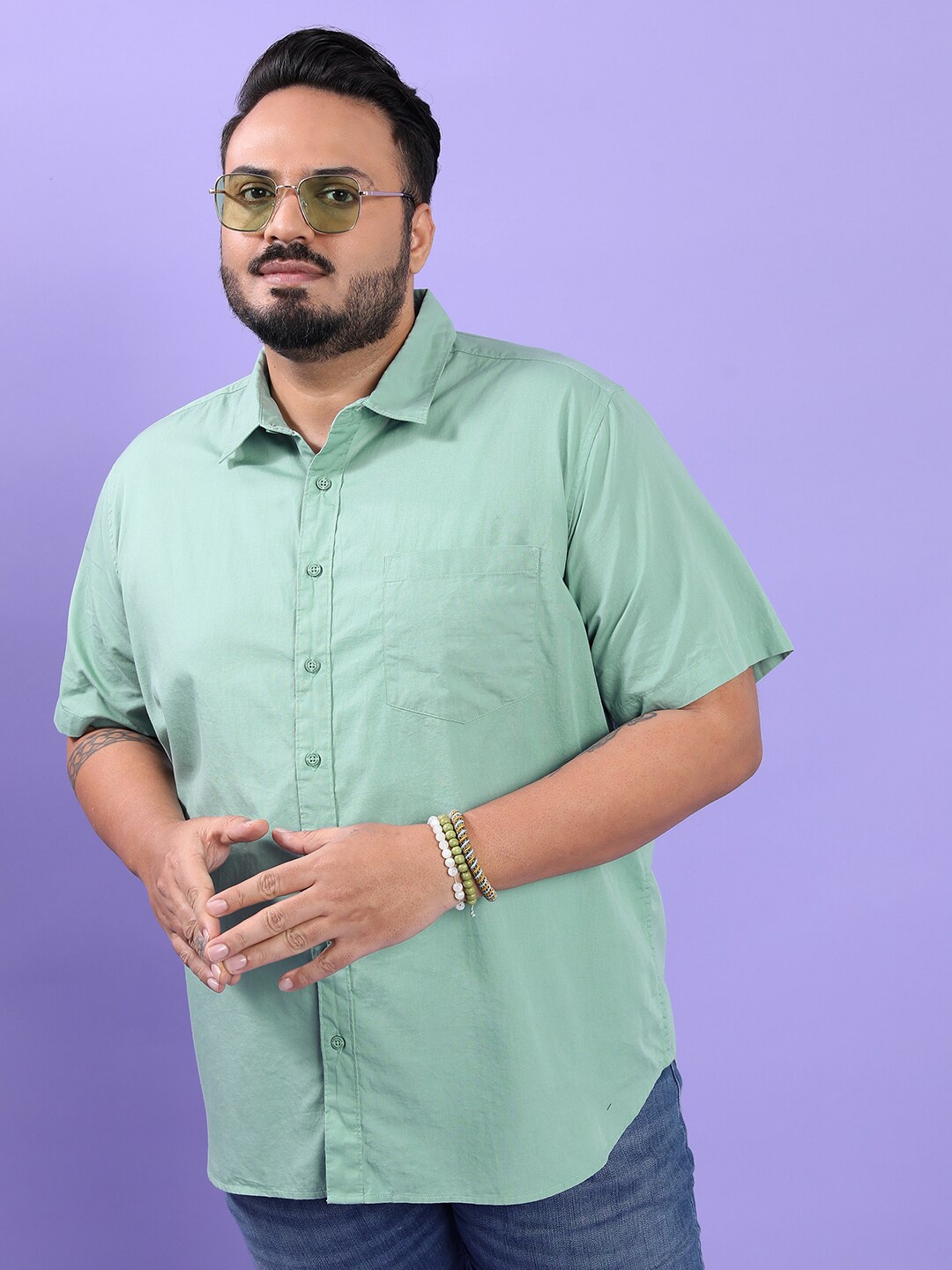 

HIGHLANDER Plus Size Green Regular Fit Spread Collar Cotton Shirt