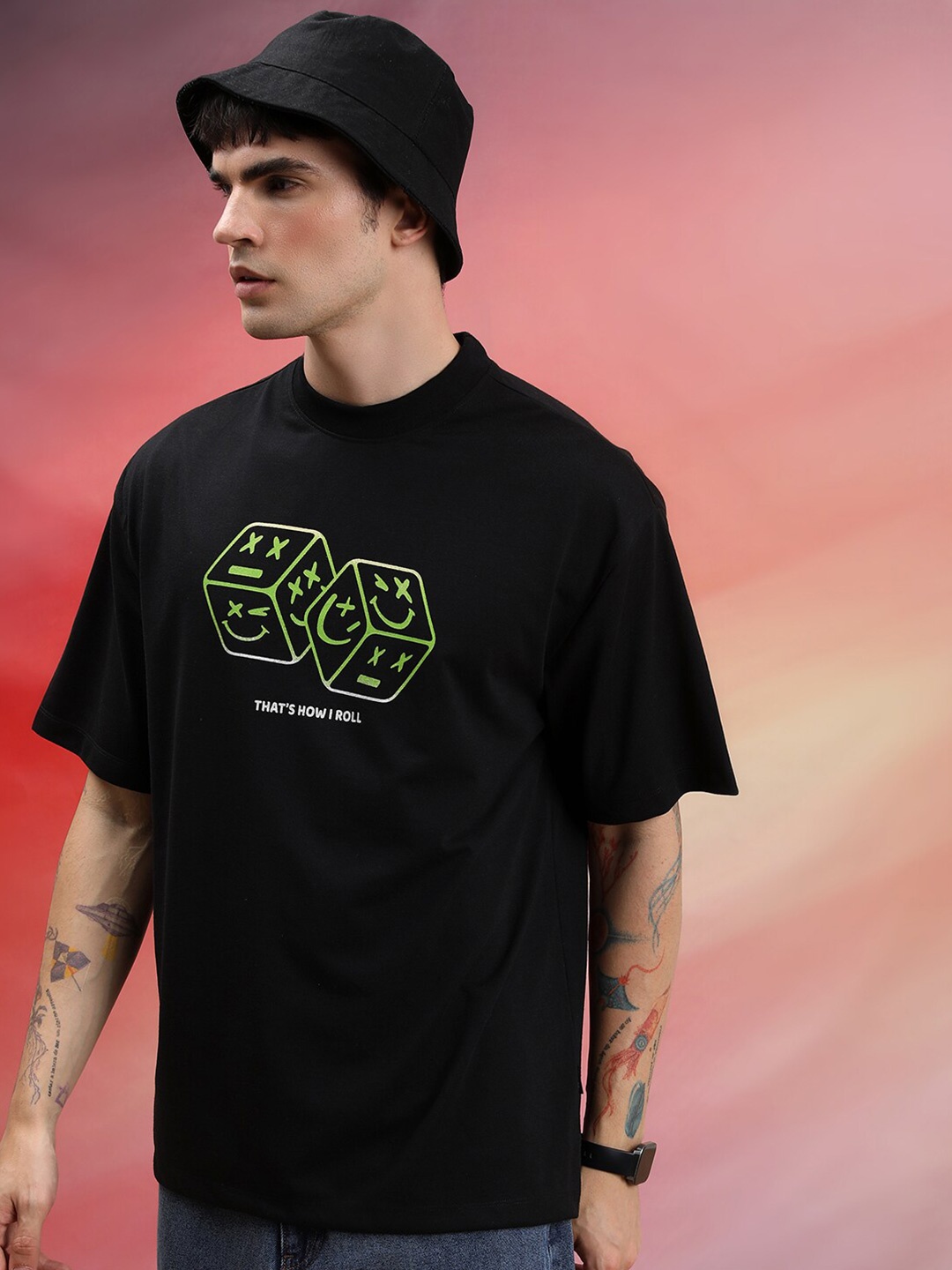 

HIGHLANDER Unisex Graphic Printed Oversized T-shirt, Black