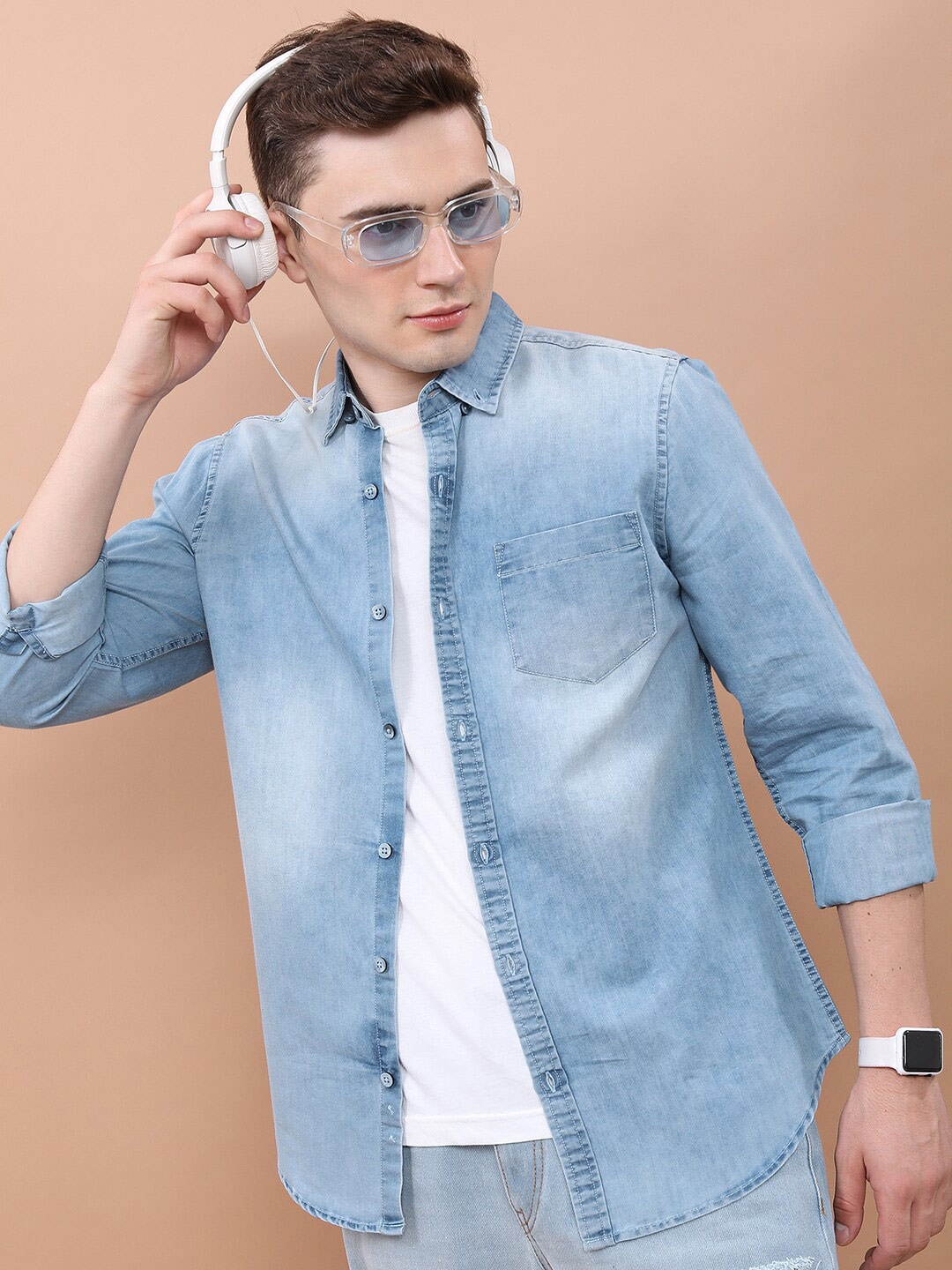 

HIGHLANDER Blue Faded Slim Fit Spread Collar Denim Casual Shirt