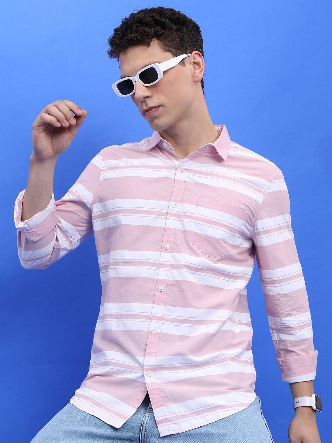 

HIGHLANDER Pink Horizontal Striped Slim Fit Spread Collar Cotton Casual Shirt