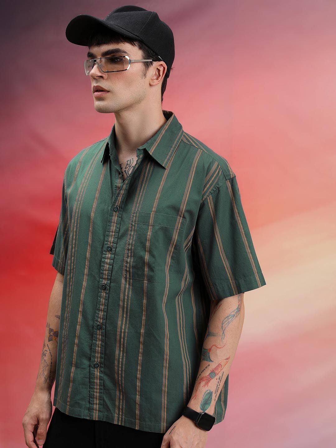 

HIGHLANDER Green Vertical Striped Oversized Cotton Casual Shirt