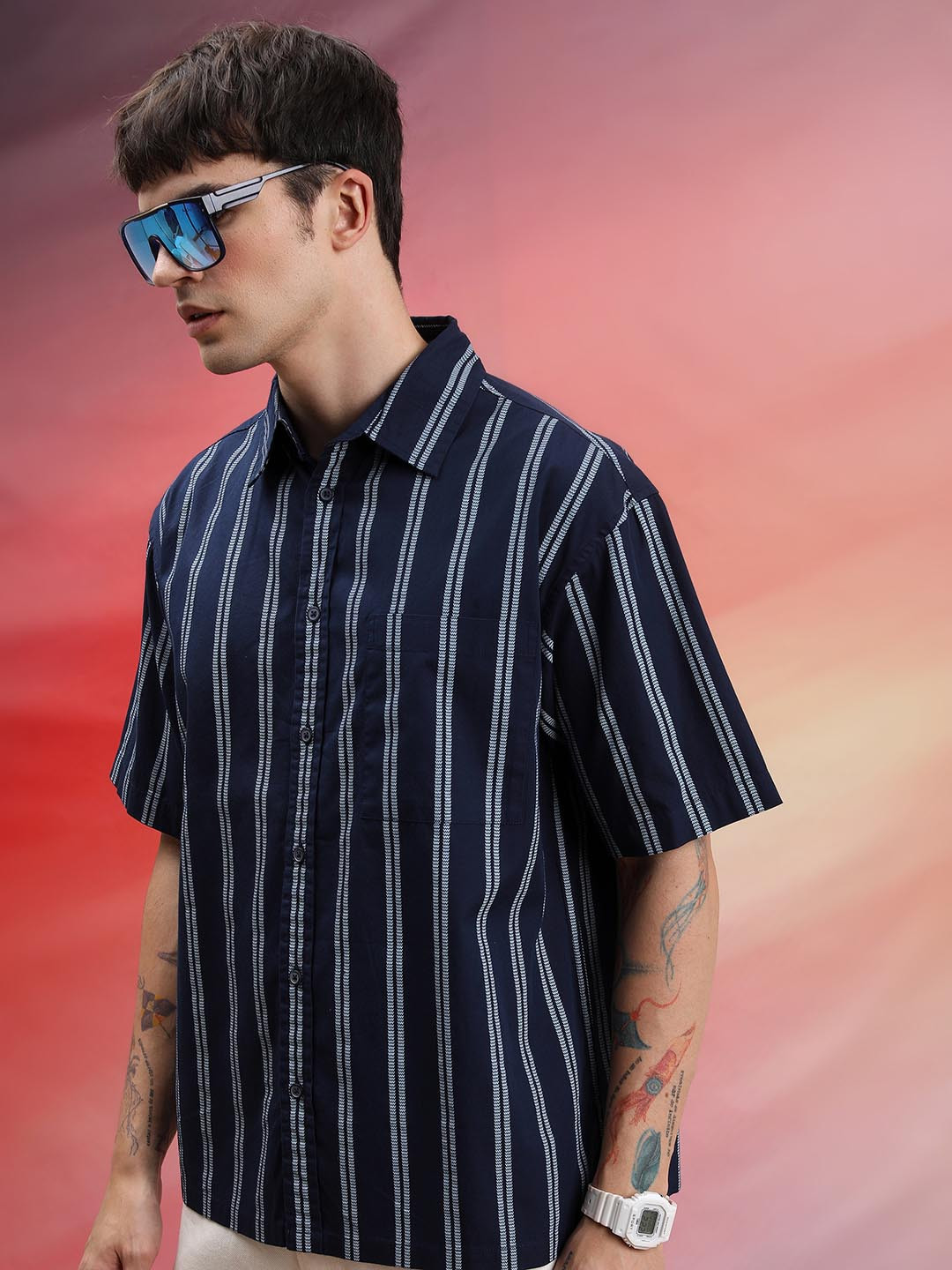 

HIGHLANDER Navy Blue Vertical Striped Oversized Cotton Casual Shirt