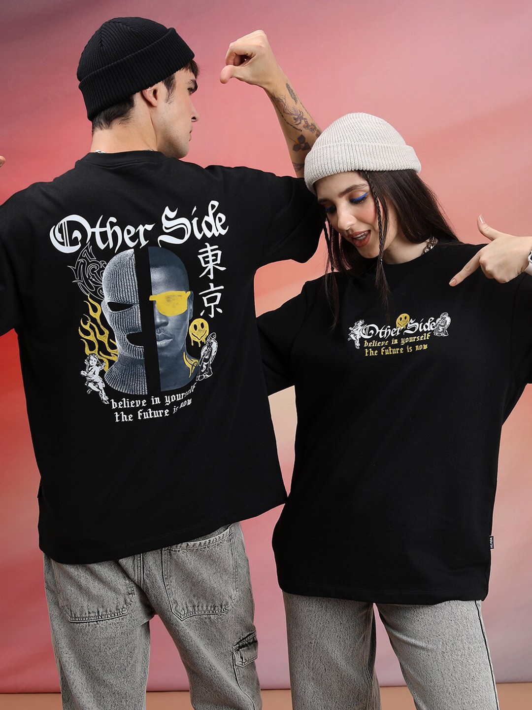 

HIGHLANDER Graphic Printed Round Neck Oversized T-shirt, Black