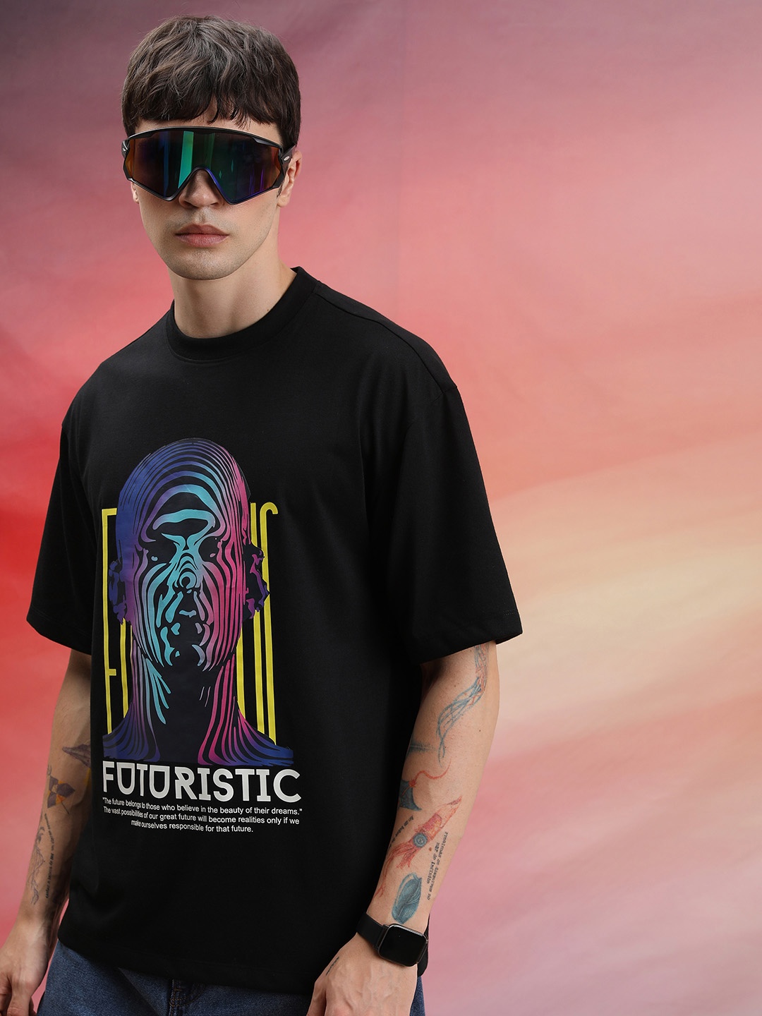 

HIGHLANDER Unisex Graphic Printed Drop Shoulder-Sleeves Oversized T-shirt, Black