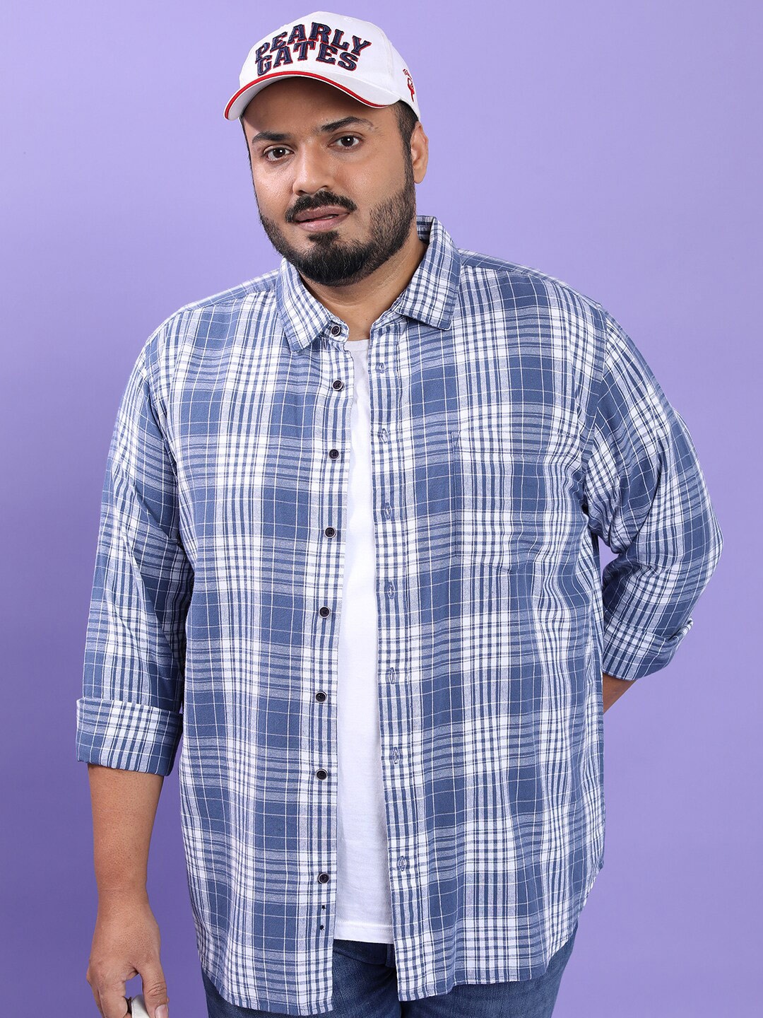 

HIGHLANDER Plus Size Blue Tartan Checked Regular Fit Spread Collar Casual Shirt