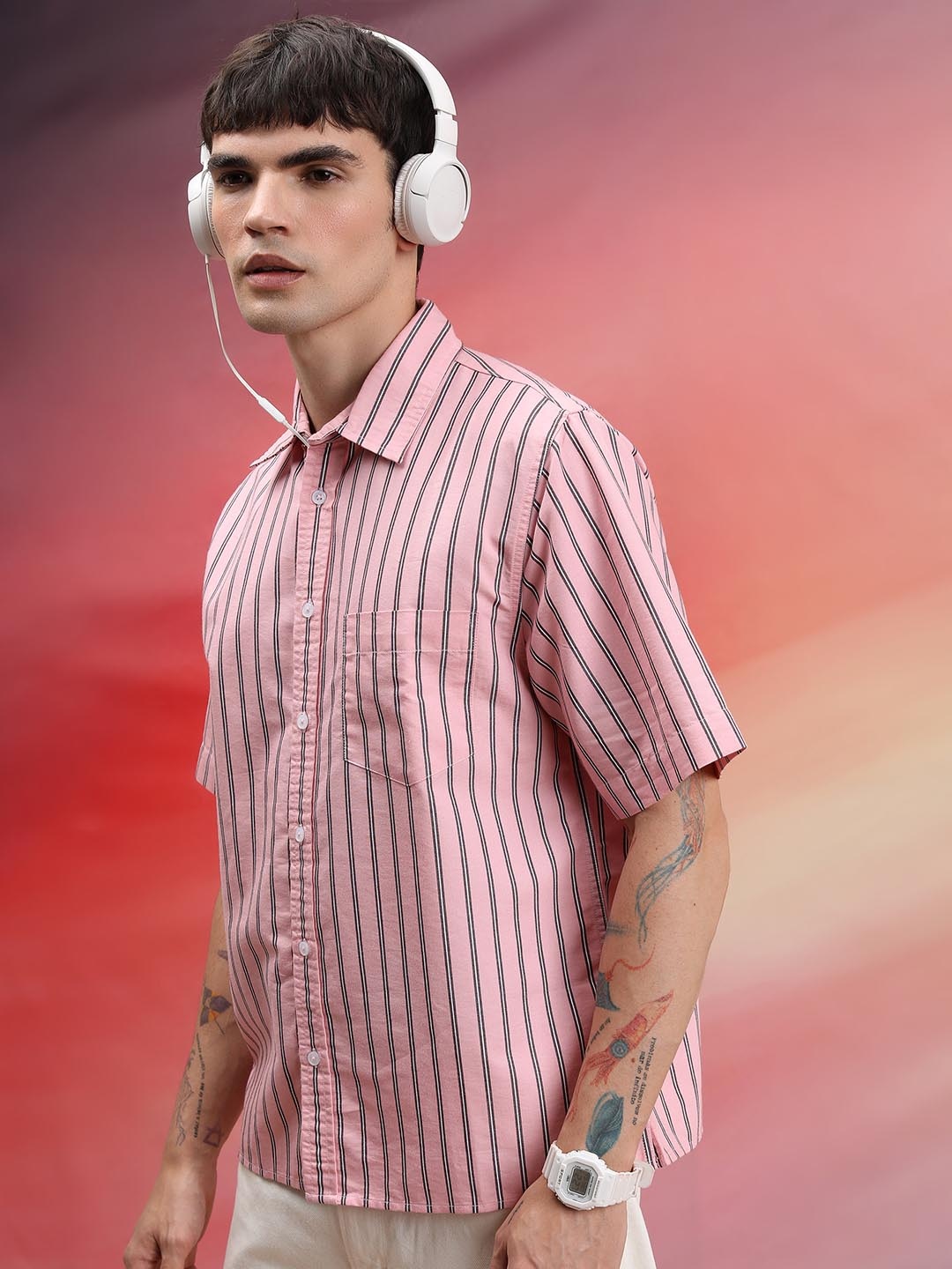 

HIGHLANDER Pink Vertical Striped Twill Oversized Casual Shirt