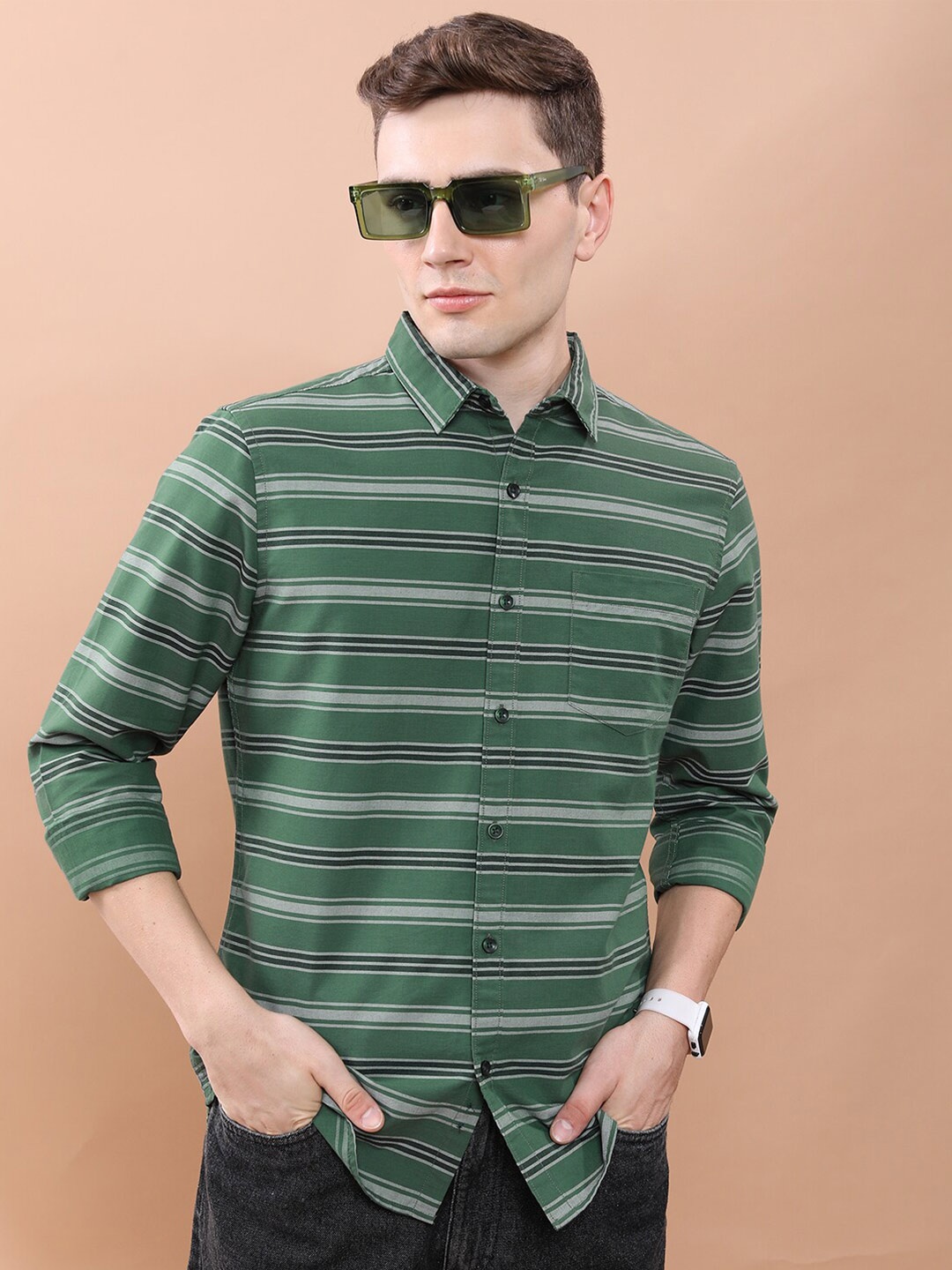 

HIGHLANDER Green & White Horizontal Striped Slim Fit Twill Weave Casual Shirt