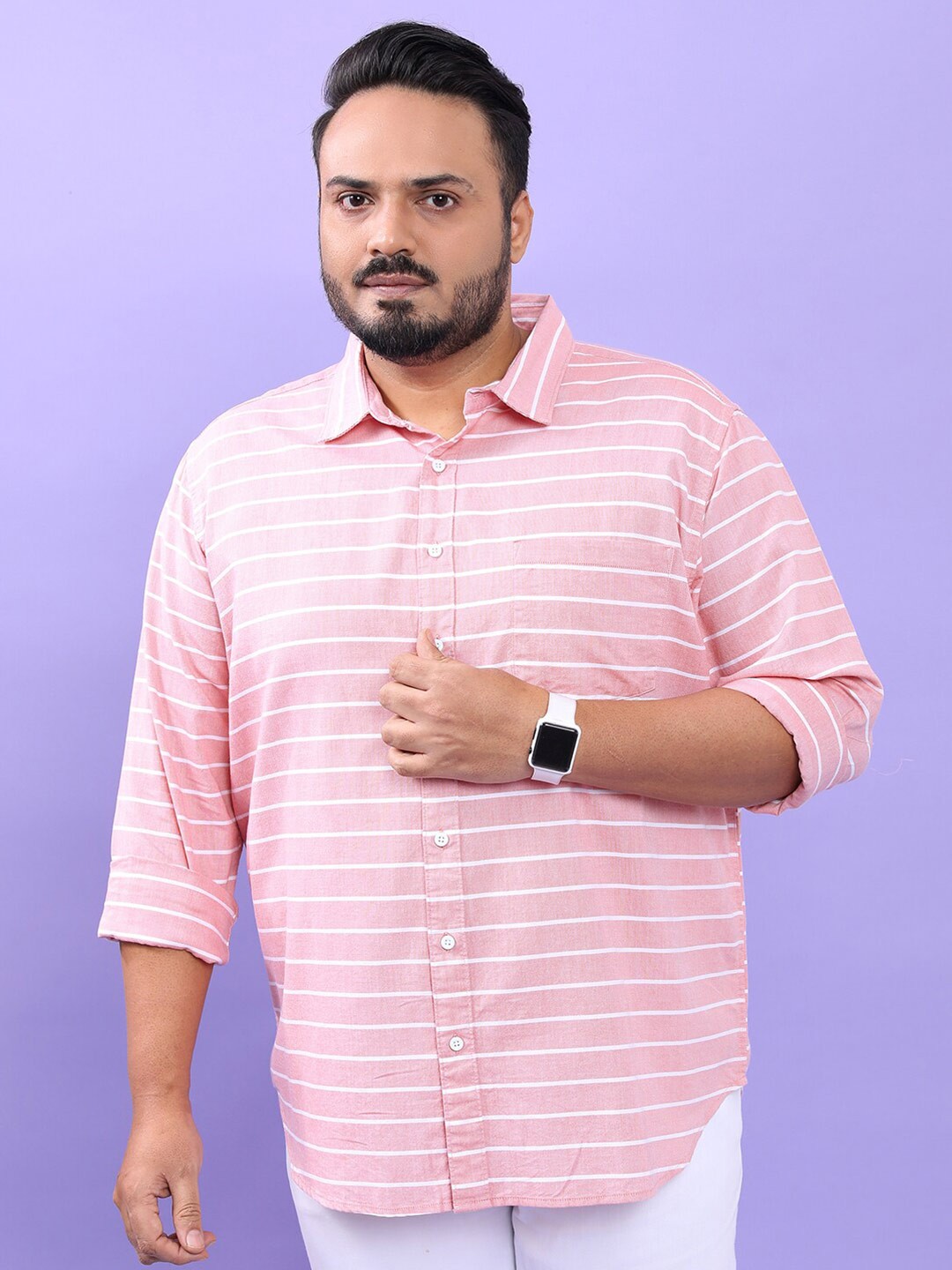 

HIGHLANDER Men Plus Size Coral White Horizontal Striped Regular Fit Cotton Casual Shirt