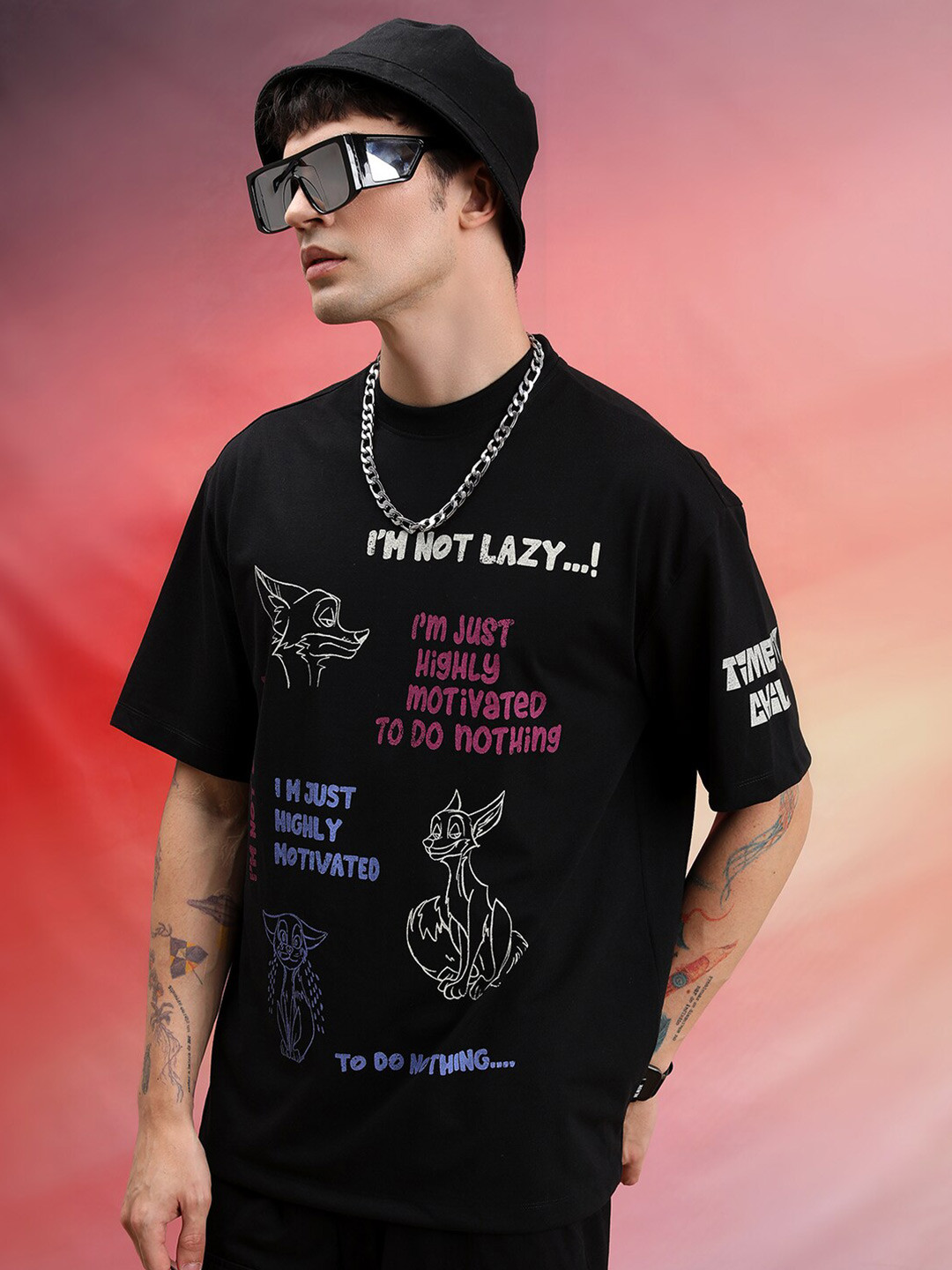 

HIGHLANDER Unisex Oversized Typography Printed Drop Shoulder Sleeves Casual T-shirt, Black