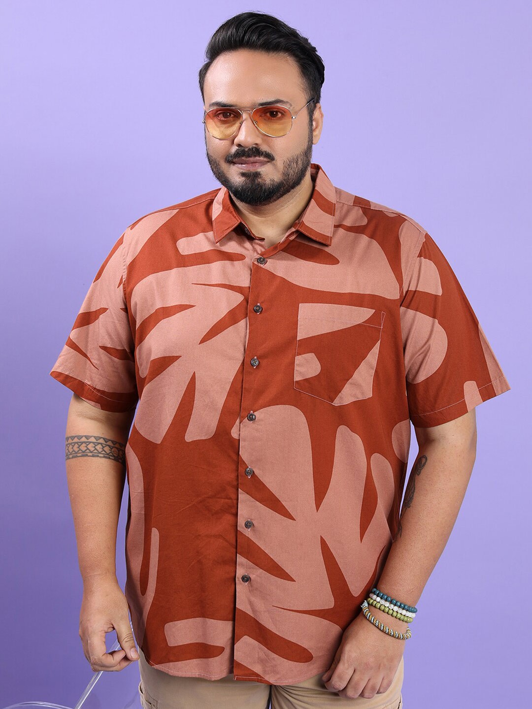 

HIGHLANDER Rust Abstract Printed Plus Size Casual Shirt