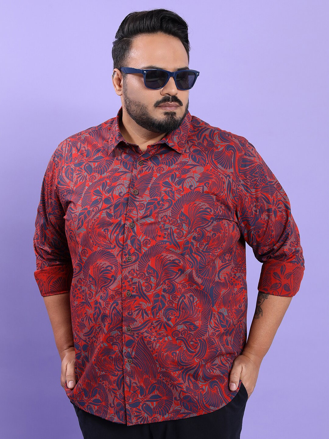 

HIGHLANDER Rust & Blue Ethnic Printed Plus Size Cotton Casual Shirt