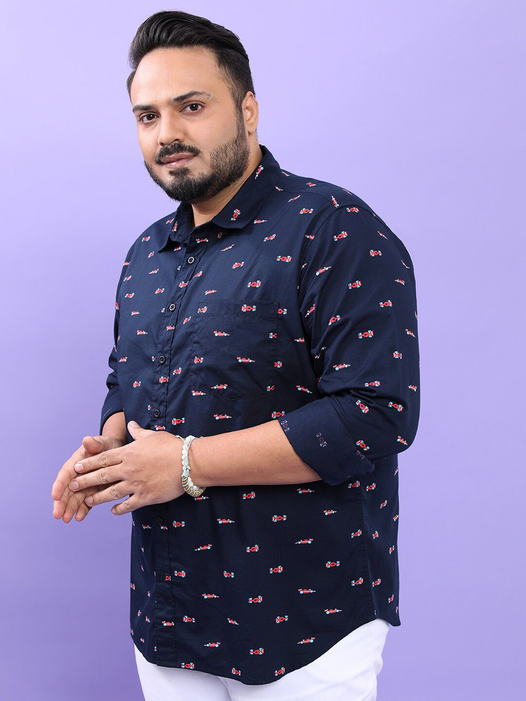 

HIGHLANDER Navy Blue & Red Conversational Printed Plus Size Casual Shirt