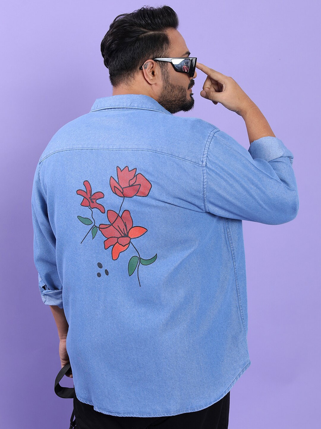 

HIGHLANDER Blue Floral Printed Plus Size Regular Fit Denim Weave Casual Shirt