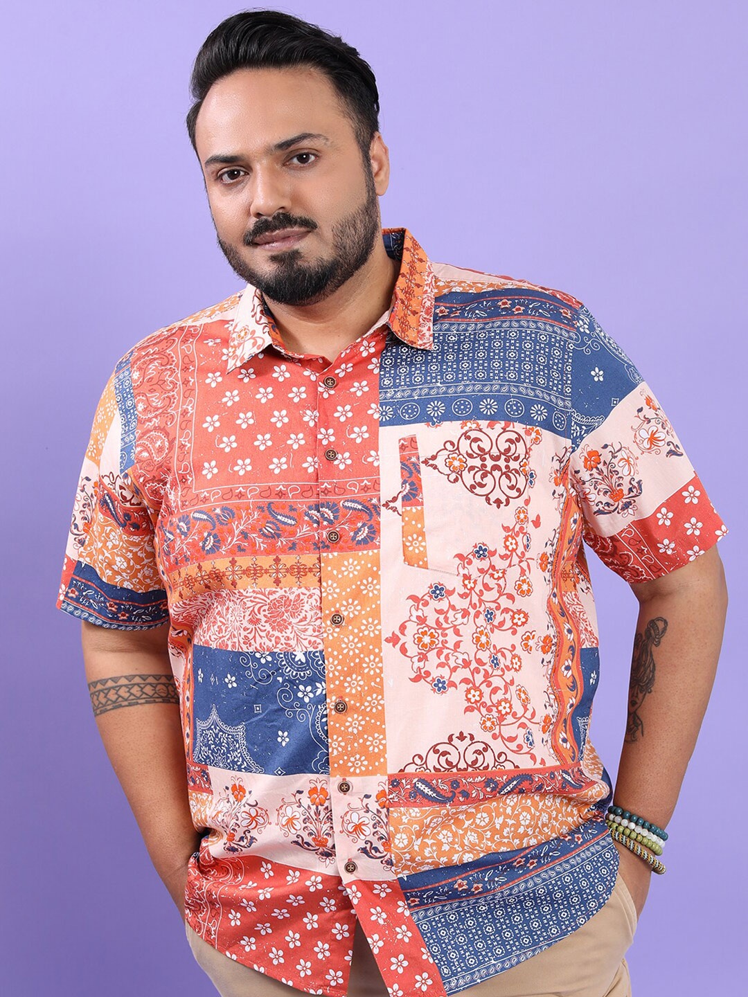 

HIGHLANDER Rust & Navy Blue Abstract Printed Plus Size Casual Shirt
