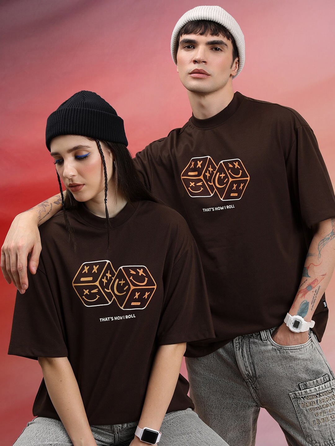 

HIGHLANDER Unisex Typography Printed Oversized T-shirt, Coffee brown