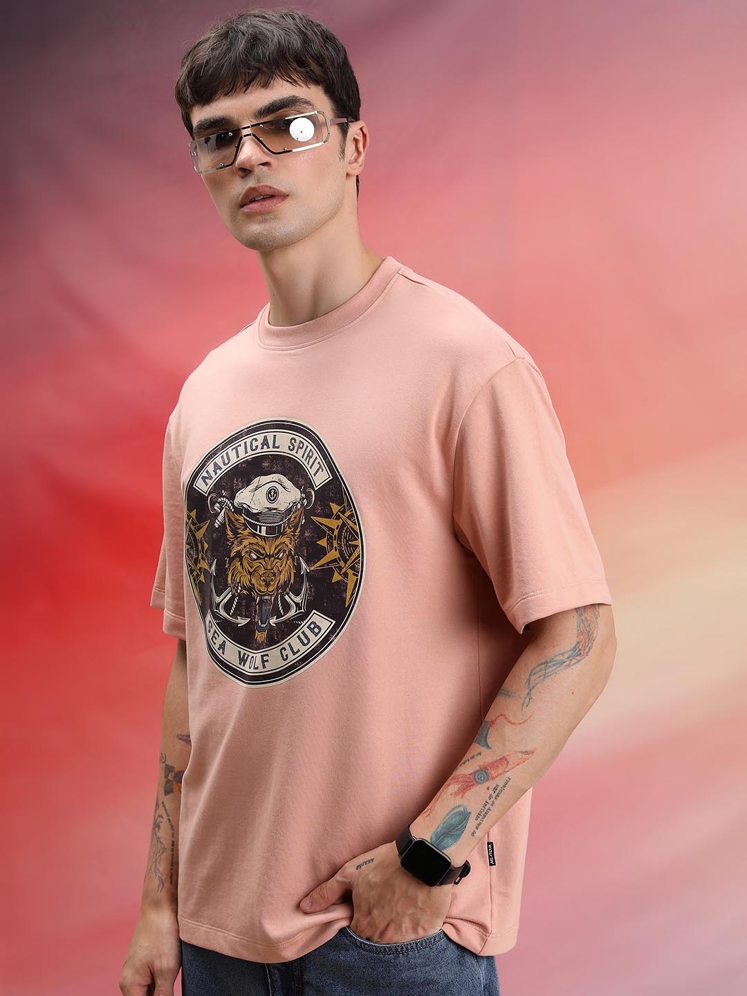 

HIGHLANDER Unisex Graphic Printed Oversized T-Shirt, Peach