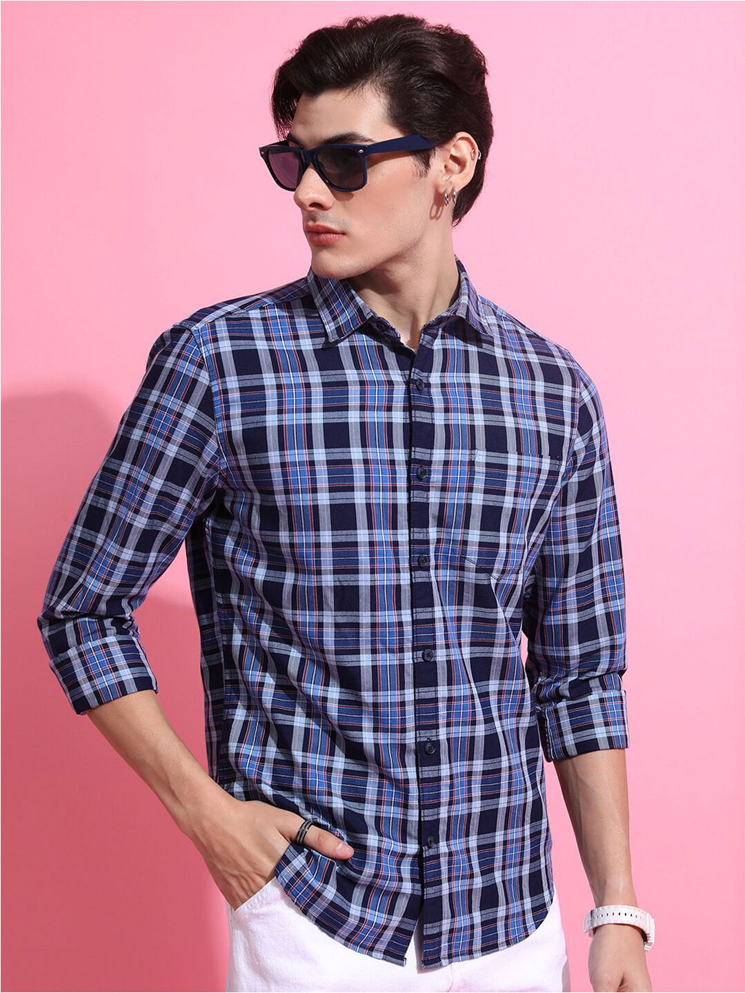 

HIGHLANDER Navy Blue Tartan Checked Slim Fit Twill Weave Cotton Casual Shirt