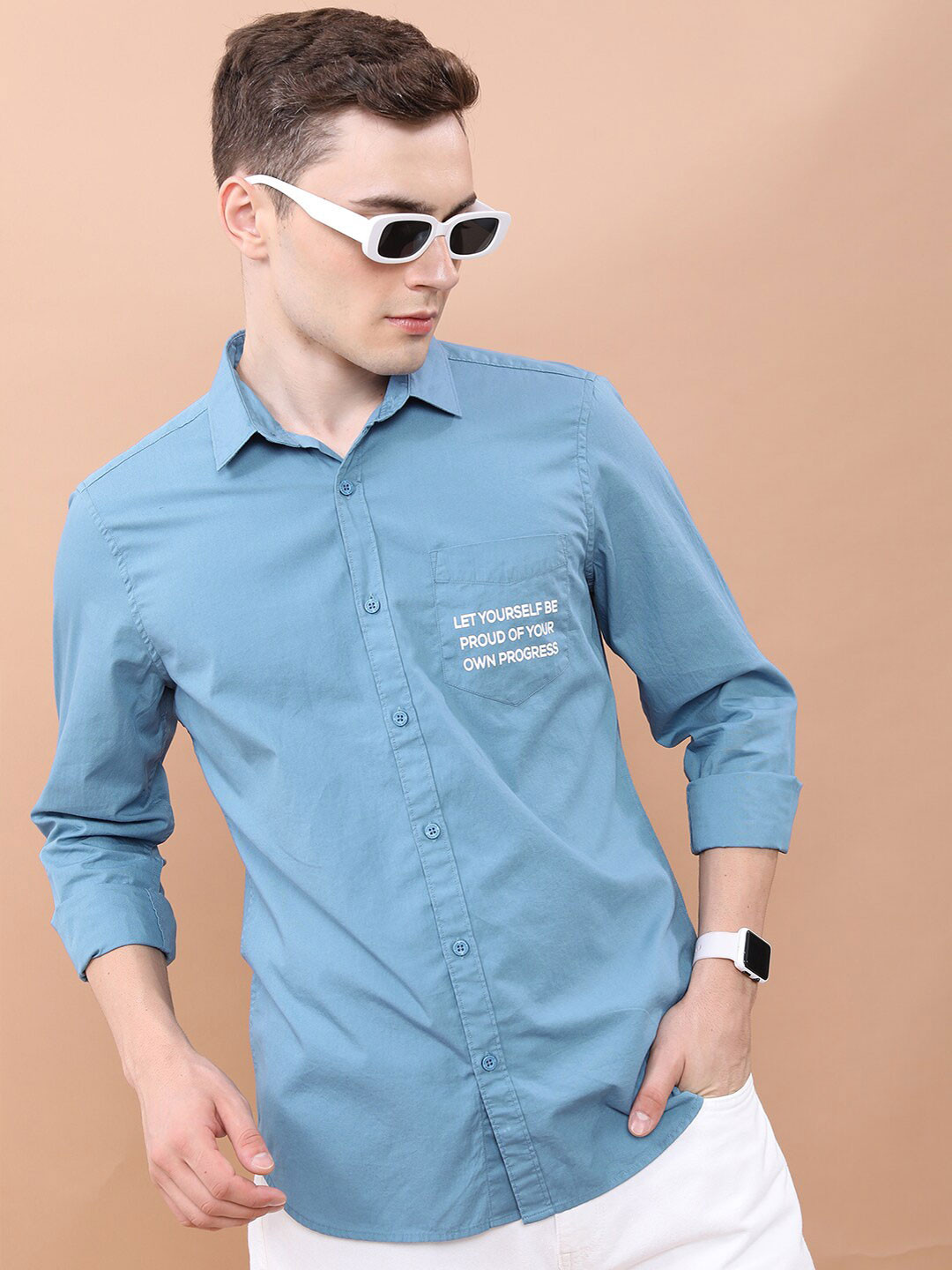 

HIGHLANDER Blue Typography Printed Slim Fit Cotton Casual Shirt