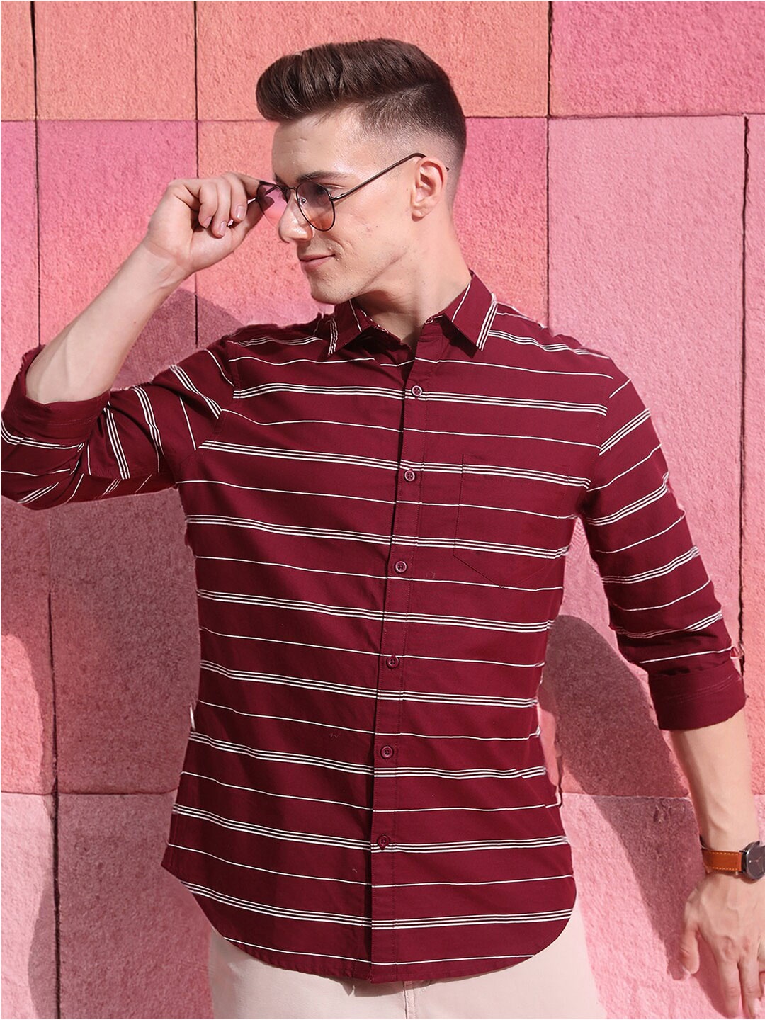 

HIGHLANDER Maroon & White Horizontal Striped Slim Fit Cotton Casual Shirt