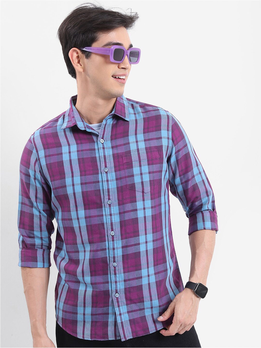 

HIGHLANDER Burgundy & Blue Tartan Checked Slim Fit Twill Weave Casual Shirt