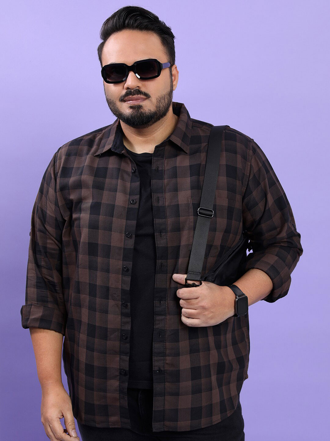 

HIGHLANDER Men Plus Size Checked Spread Collar Regular Fit Cotton Casual Shirt, Brown