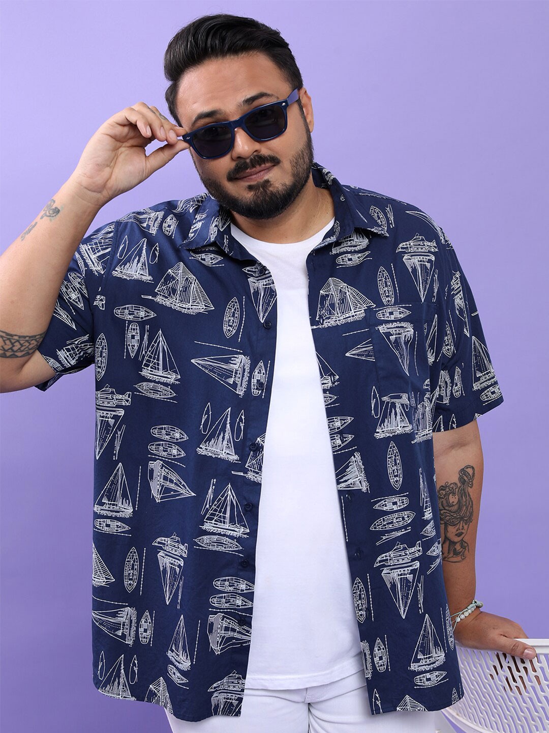 

HIGHLANDER Men Plus Size Conversational Printed Spread Collar Cotton Casual Shirt, Navy blue