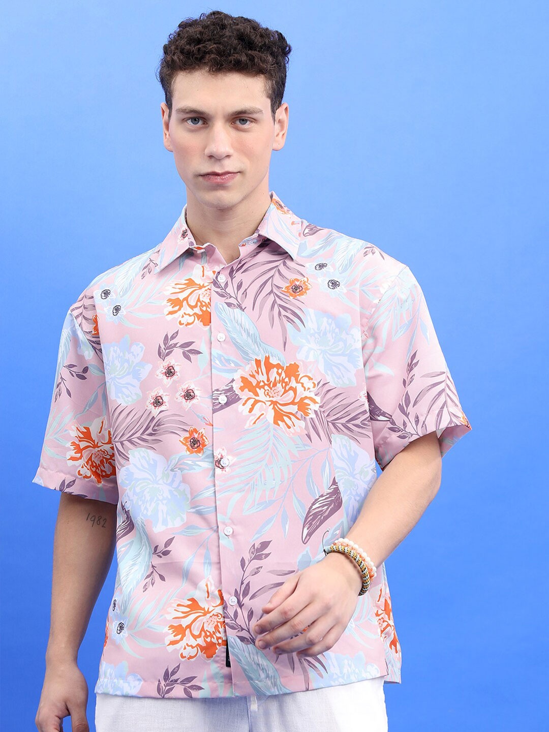 

HIGHLANDER Floral Printed Spread Collar Oversized Fit Casual Shirt, Pink