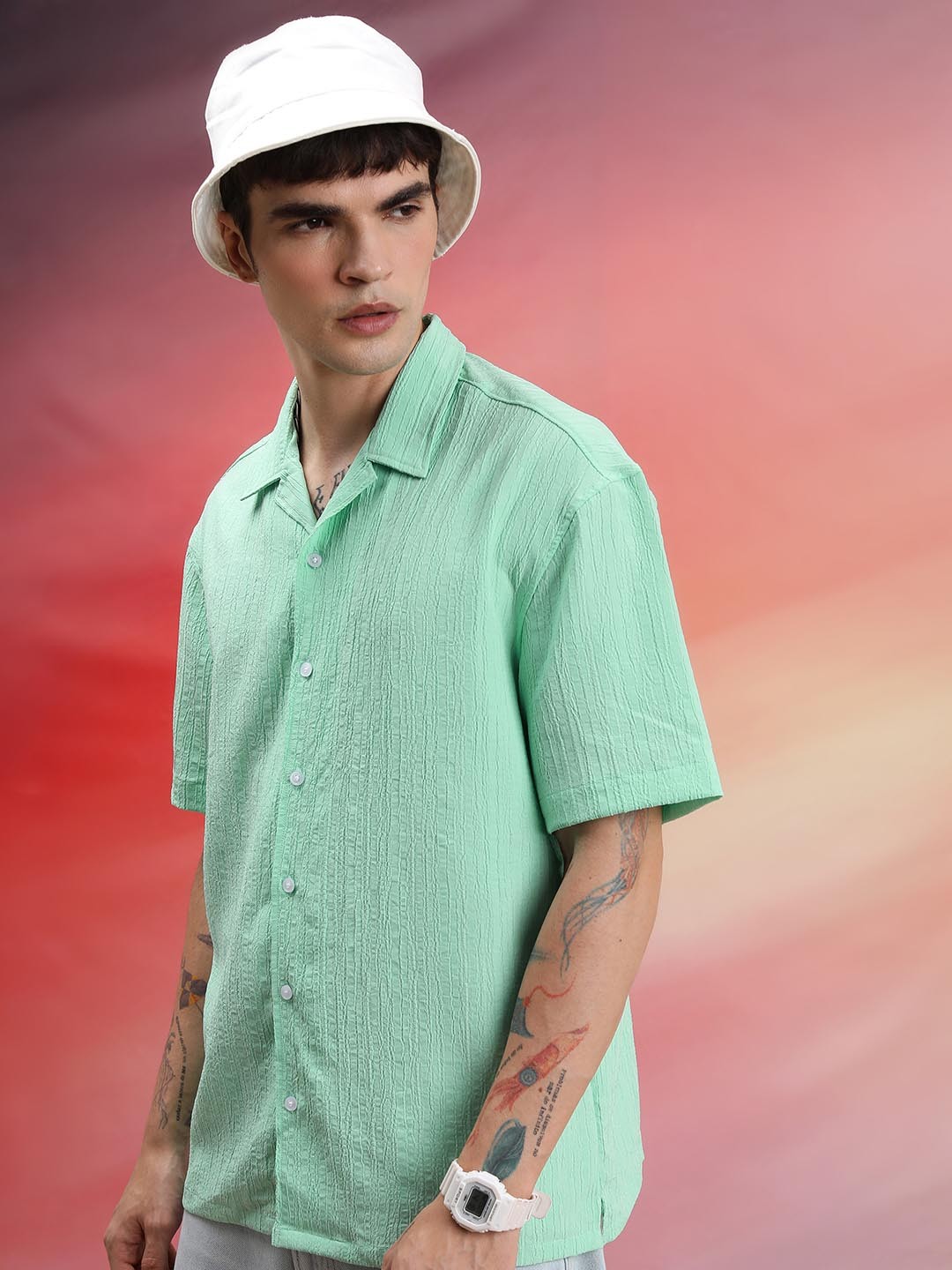 

HIGHLANDER Green Spread Collar Oversized Casual Shirt