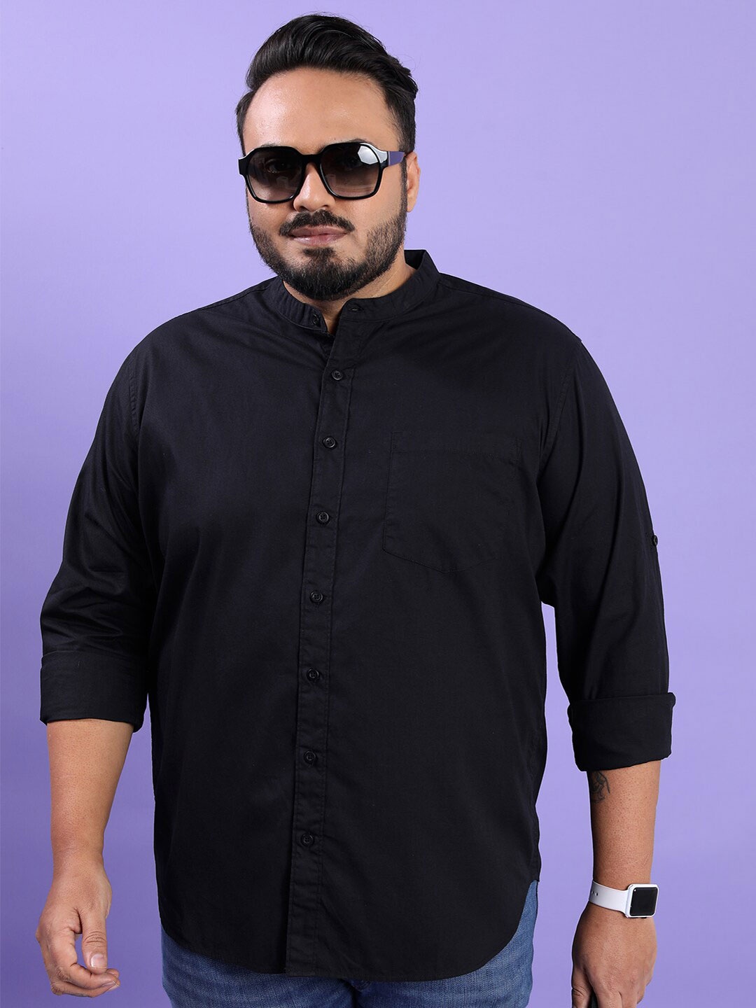 

HIGHLANDER Plus Size Band Collar Regular Fit Cotton Casual Shirt, Black