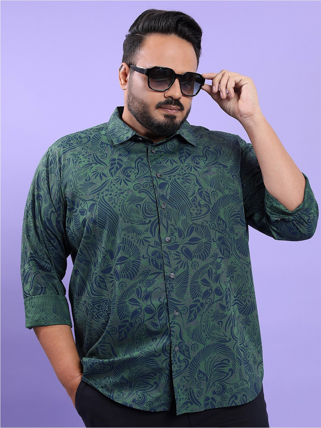 

HIGHLANDER Plus Size Floral Printed Spread Collar Regular Fit Cotton Casual Shirt, Olive