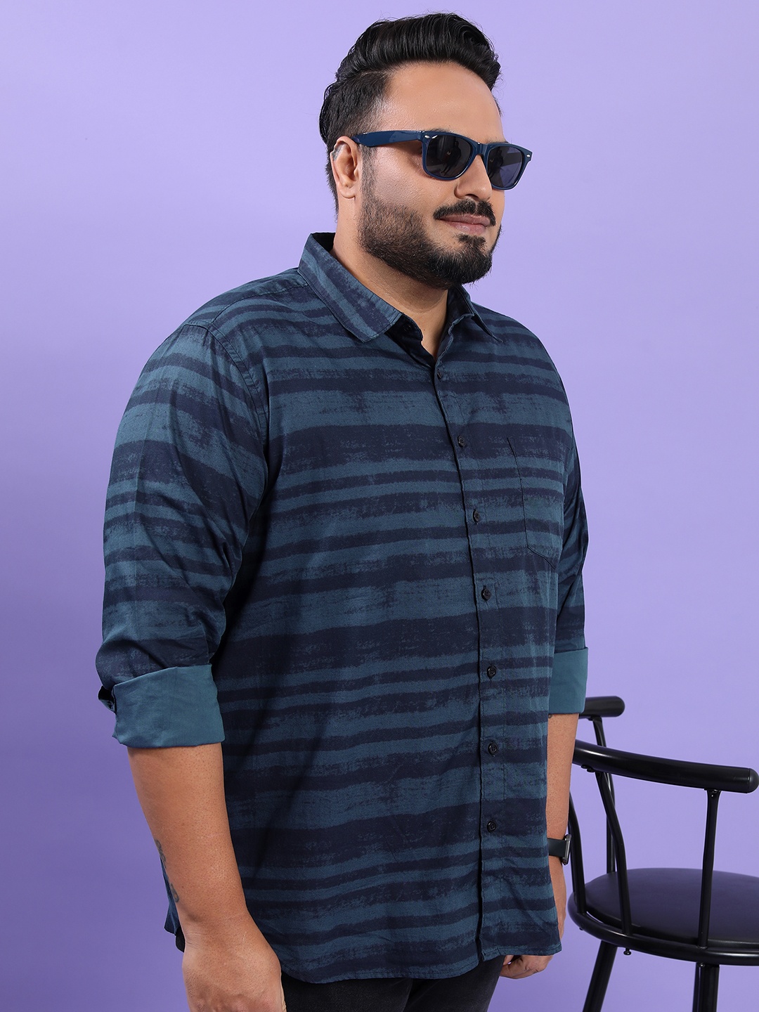 

HIGHLANDER Plus Size Horizontal Striped Cotton Casual Shirt, Blue