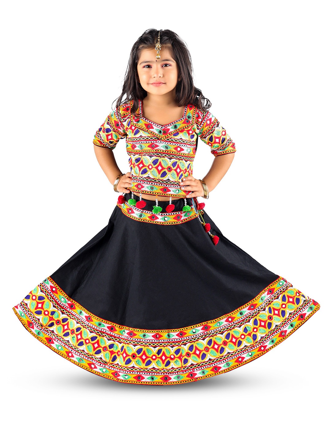 BAESD Girls Embroidered Mirror Work Ready to Wear Lehenga & Blouse With Dupatta, Black