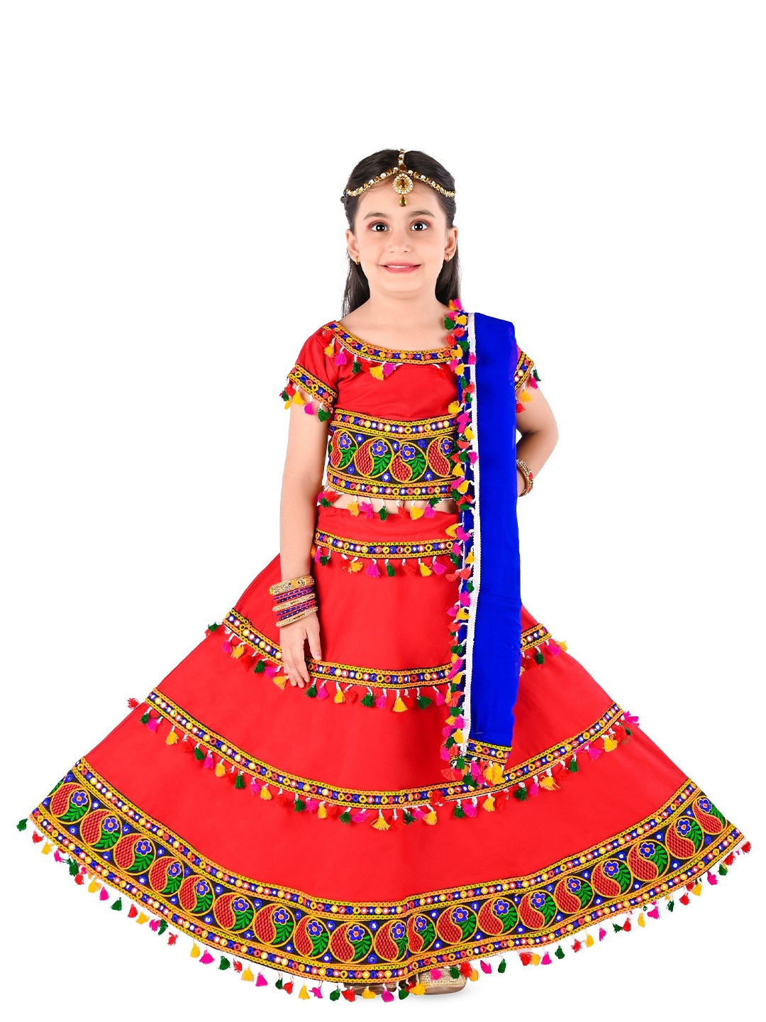 

BAESD Girls Embroidered Mirror Work Ready to Wear Lehenga & Blouse With Dupatta, Orange