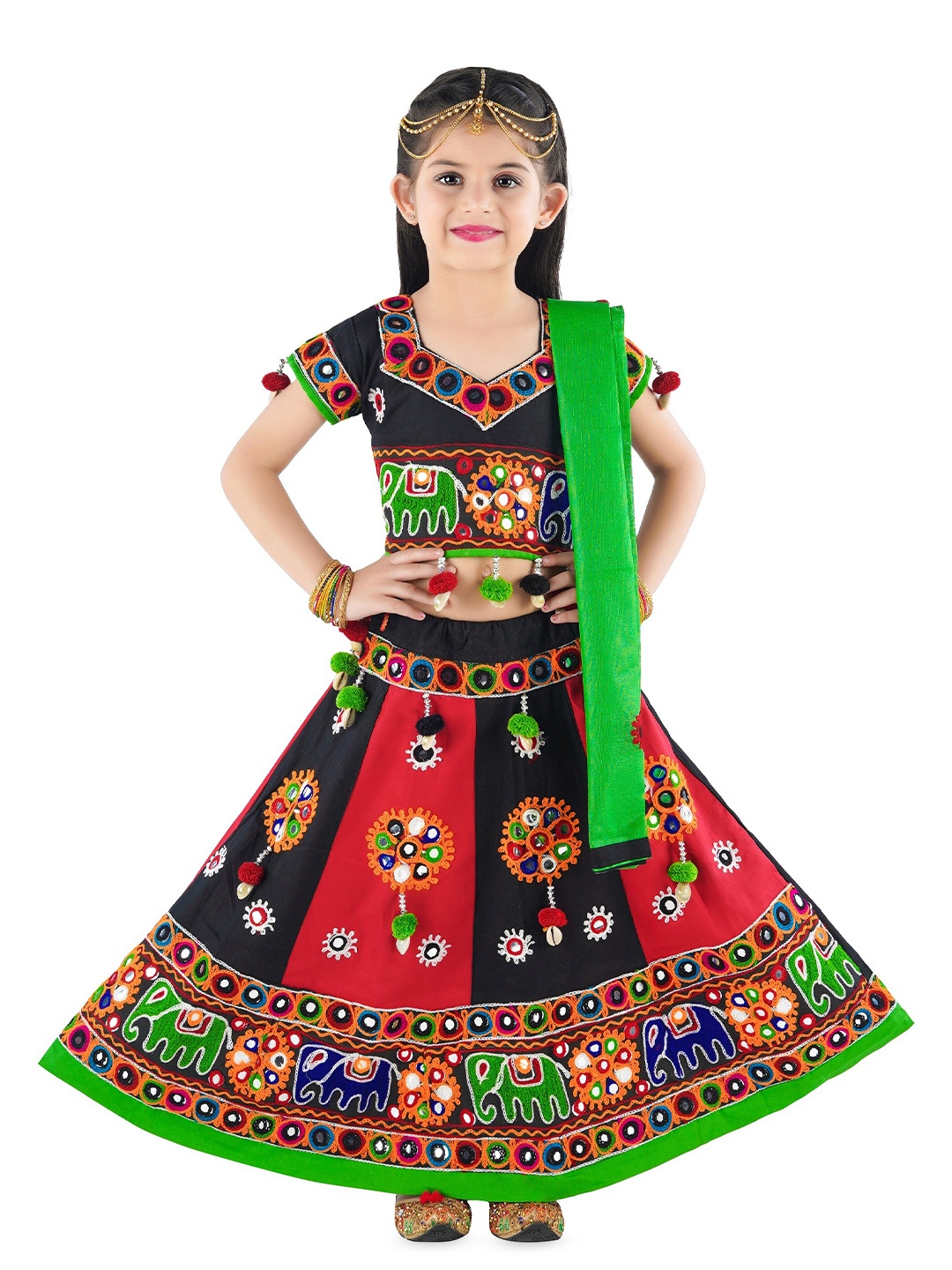 

BAESD Girls Embroidered Mirror Work Ready to Wear Lehenga & Blouse With Dupatta, Black