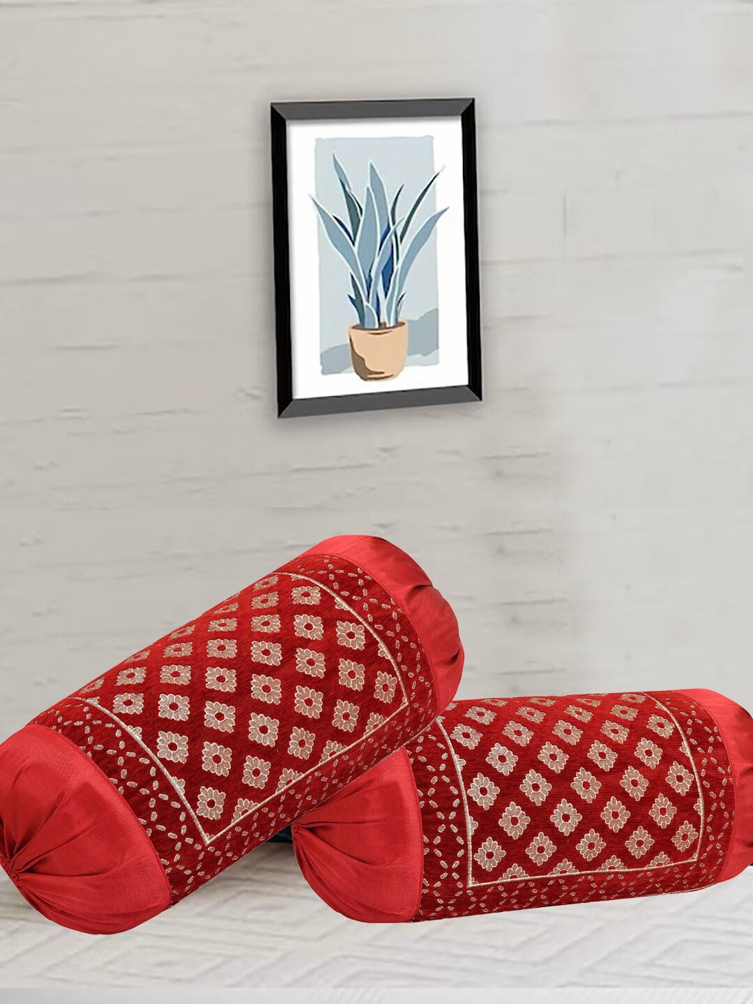 

DECOMIZER 2-Pcs Maroon Ethnic Motifs Bolster Covers
