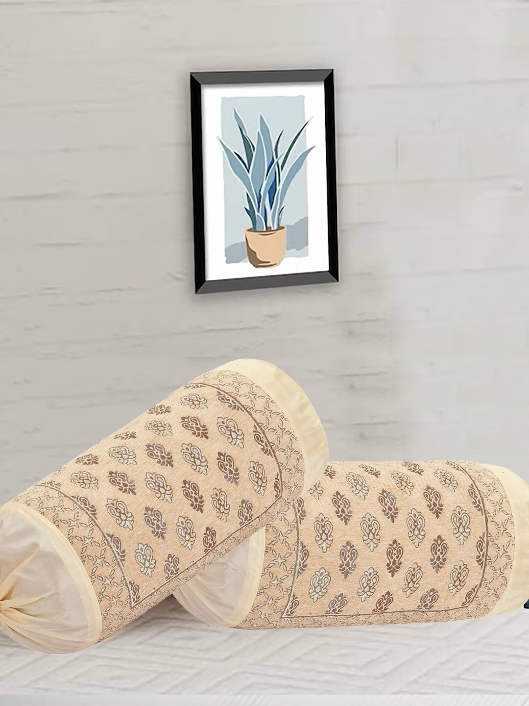 

DECOMIZER 2-Pcs Beige Ethnic Motifs Bolster Covers