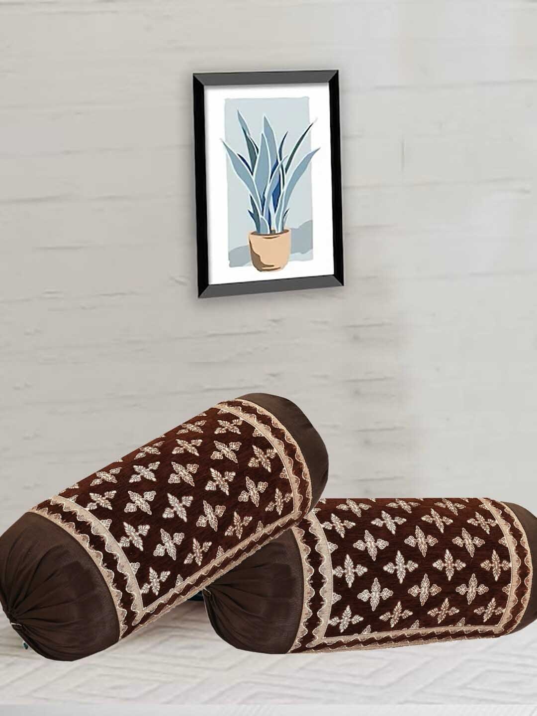 

DECOMIZER Coffee Brown 2 Pieces Ethnic Motif Printed Bolster Covers