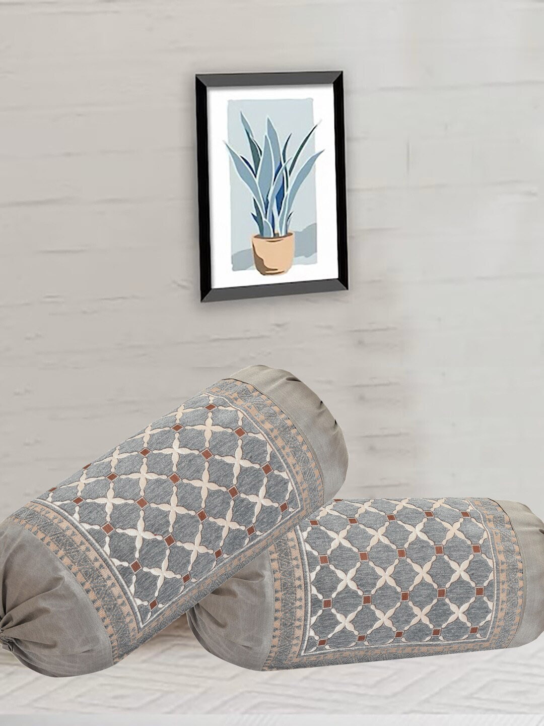 

DECOMIZER Grey 2 Pieces Embroidered Bolster Covers
