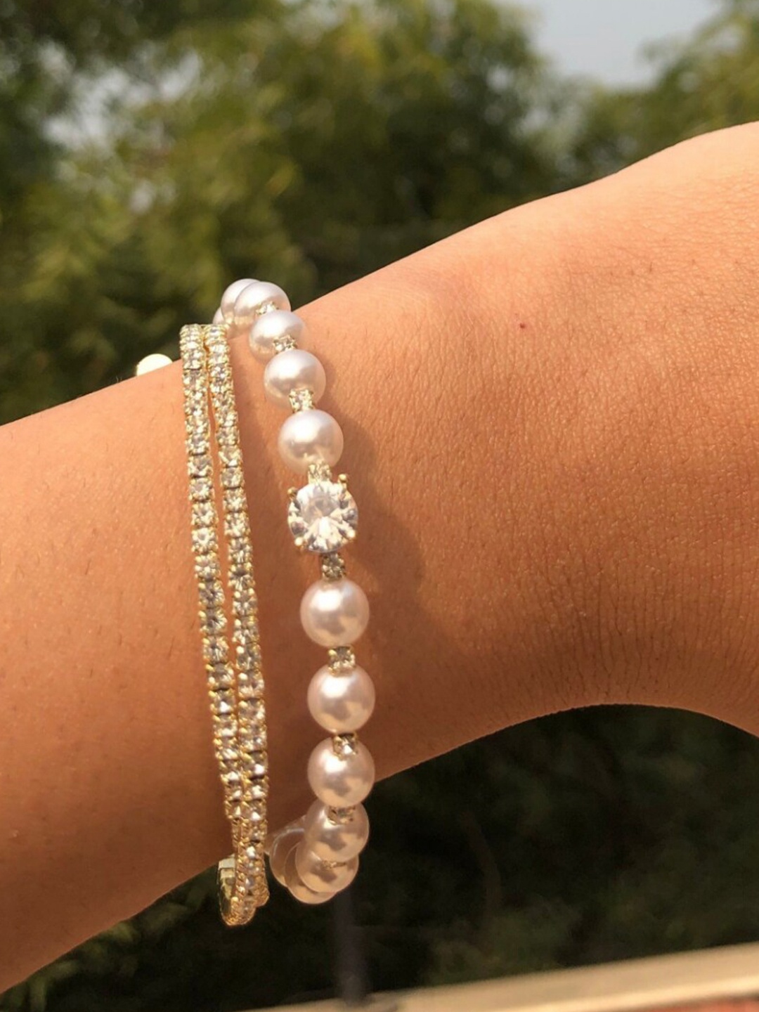 

SALTY Set Of 2 Stones & Beads-Studded Bangle-Style Bracelet, Gold